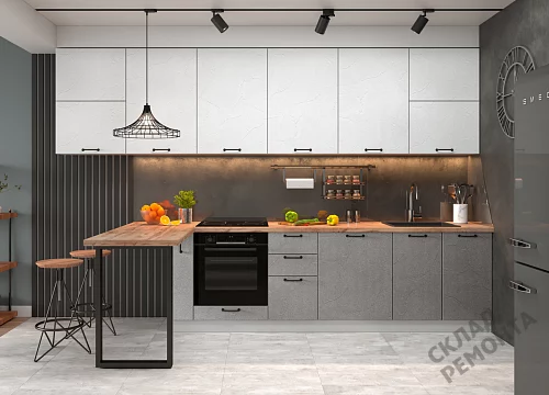 Фото Кухня ДСВ Лофт штукатурка белая/штукатурка серая – купить в Ханты-Мансийске: цена, описание, фото. Интернет-магазин 2